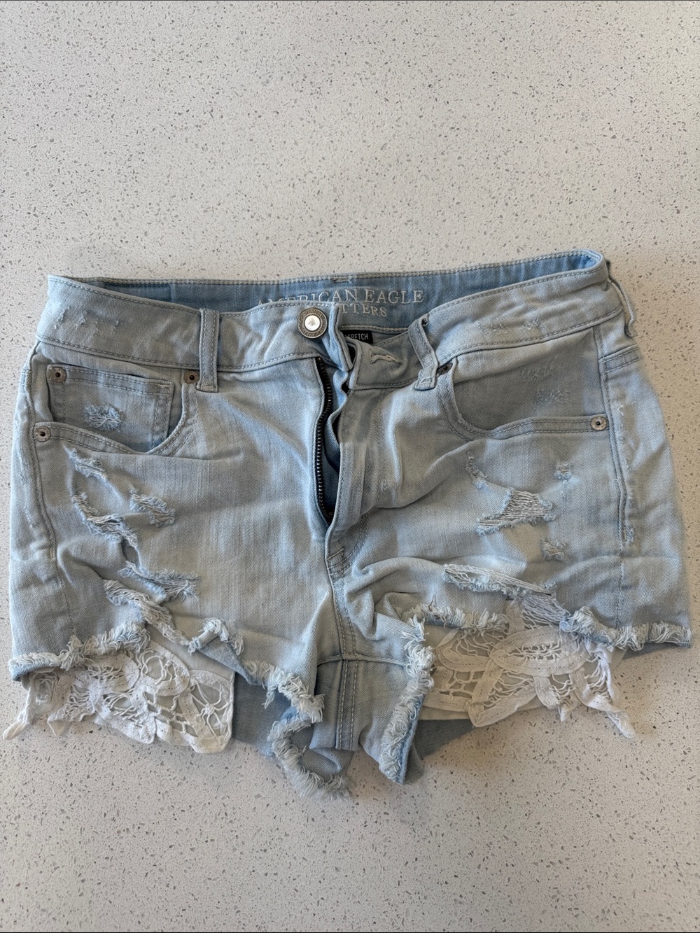 American Eagle Light Blue Distressed Denim Lace-Hem high rise shortie size 8